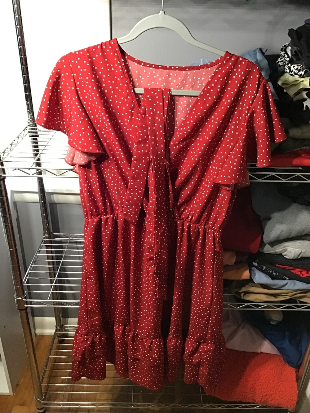 SHEIN Red Polka Dot Tie-Front Ruffle Casual Dress